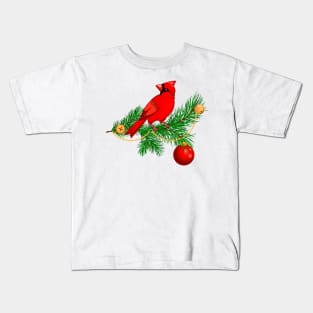 red cardinal on a fir branch Kids T-Shirt